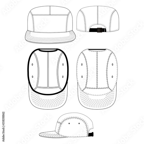 Five panel vector illustration flat outline template clothing collection accessories hat