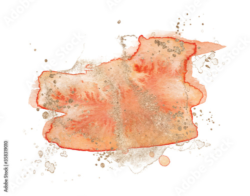 Abstract watercolor pink and gold shapes on white background. Color splashing hand drawn vector