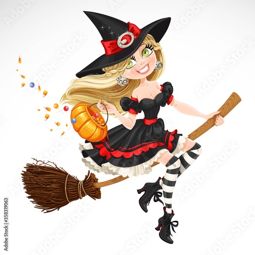 Beautiful witch with candy in pumpkin flying on a broomstick isolated on white background