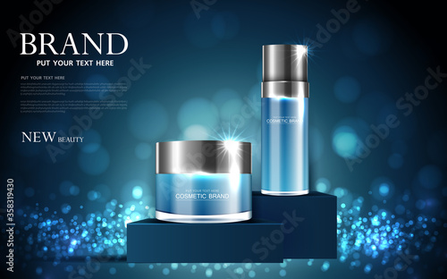 Cosmetics or skin care product ads with bottle, blue background glittering light effect. vector design.