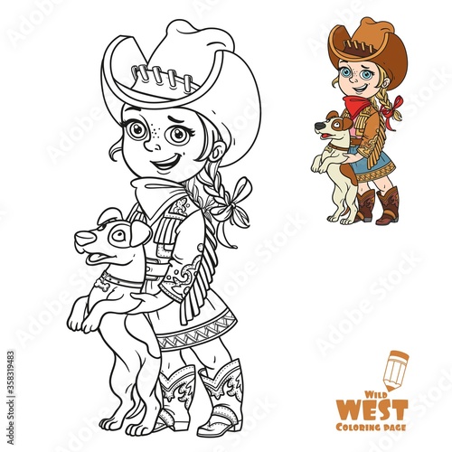 Cute little girl in a cowboy costume playing with a dog coloring page on a white background