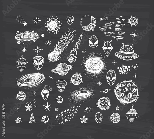 Outer Space Set. Cartoon Galaxy. Vector Universe. Hand Drawn Doodle Cosmic Space: Planets, Stars, UFO, Alien Face, Black Hole, Comets. Cosmos
