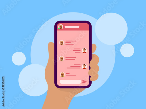 Chat, messenger, social network - mobile phone in hand. Illustration