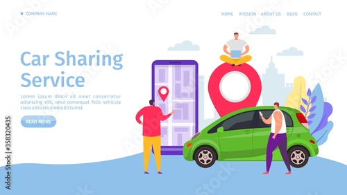 Carsharing service, vector illustration. Mobile application for rent car, share transport online at flat smartphone website banner. Map at electronic device, people search car location.