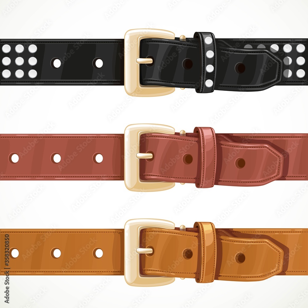 Buttoned leather wide belt with a big buckle in three color variations object isolated on white background. Buttoned leather wide belt with a big buckle in three color variations object isolated on white background.