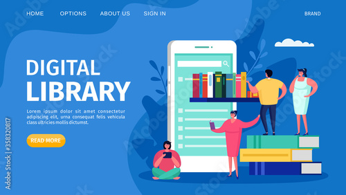 Digital book library and education online, vector illustration. Web technology study concept, flat internet knowledge landing. Learning school design, people character university page banner.