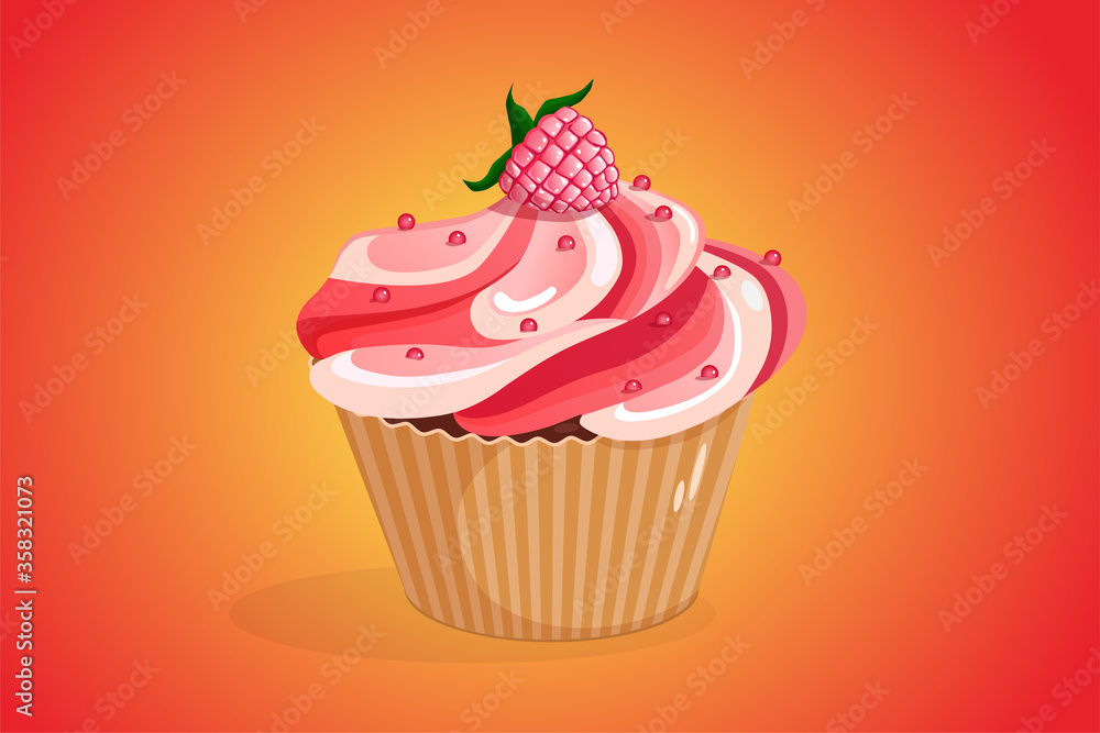 Cupcake with raspberries on an orange background. Vector illustration of a cupcake. Baking concept. Cupcake for advertising, banner template, flyer, birthday card. Cupcake with raspberries on an orange background. Vector illustration of a cupcake. Baking concept. Cupcake for advertising, banner template, flyer, birthday card.
