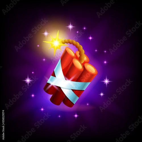 Dynamite with burning fuse icon for video game or mobile app, dark background. TNT bomb vector illustration in cartoon style
