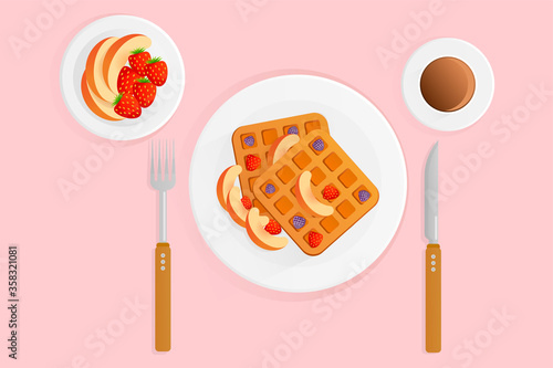 Vector illustration of breakfast with coffee waffles and berries on a pink background. Belgian waffles with blackberries, strawberries and peaches. Flat design style. Breakfast concept.