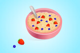 Oatmeal for breakfast with blueberries and strawberries in a pink plate. Vector illustration of cereal with berries on a blue background. Flat design style. The concept of proper nutrition.