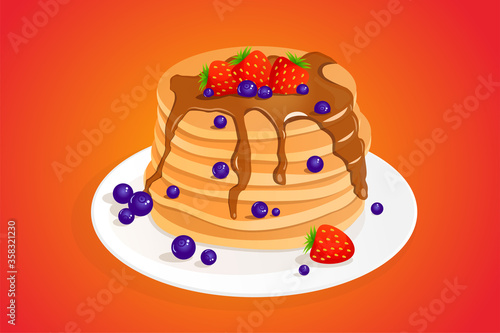 Pancakes with blueberries and strawberries with chocolate. Vector illustration of pancakes on an orange background. Flat style design.