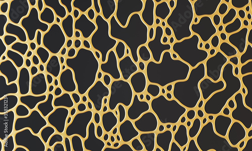 Shiny parametric architectural background. Organic ornate in golden metal for wall panelling. 3d rendering illustration.