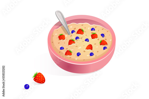 Oatmeal for breakfast with blueberries and strawberries in a pink plate. Vector illustration of cereal with berries on a white background. Flat design style. The concept of proper nutrition.