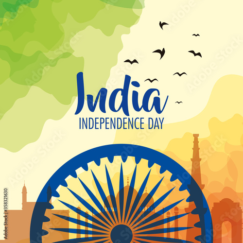 indian independence day celebration with ashoka wheel decoration vector illustration design