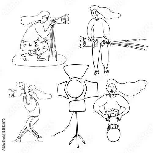 Photography life. Woman photographer. Illustration of photography.