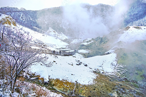 Jigokudani (Hell Valley) Dramatic crater with boiling sulfuric hot springs, volcanic steam plumes & hiking paths. this hell valley settle in noboribetsu japan.