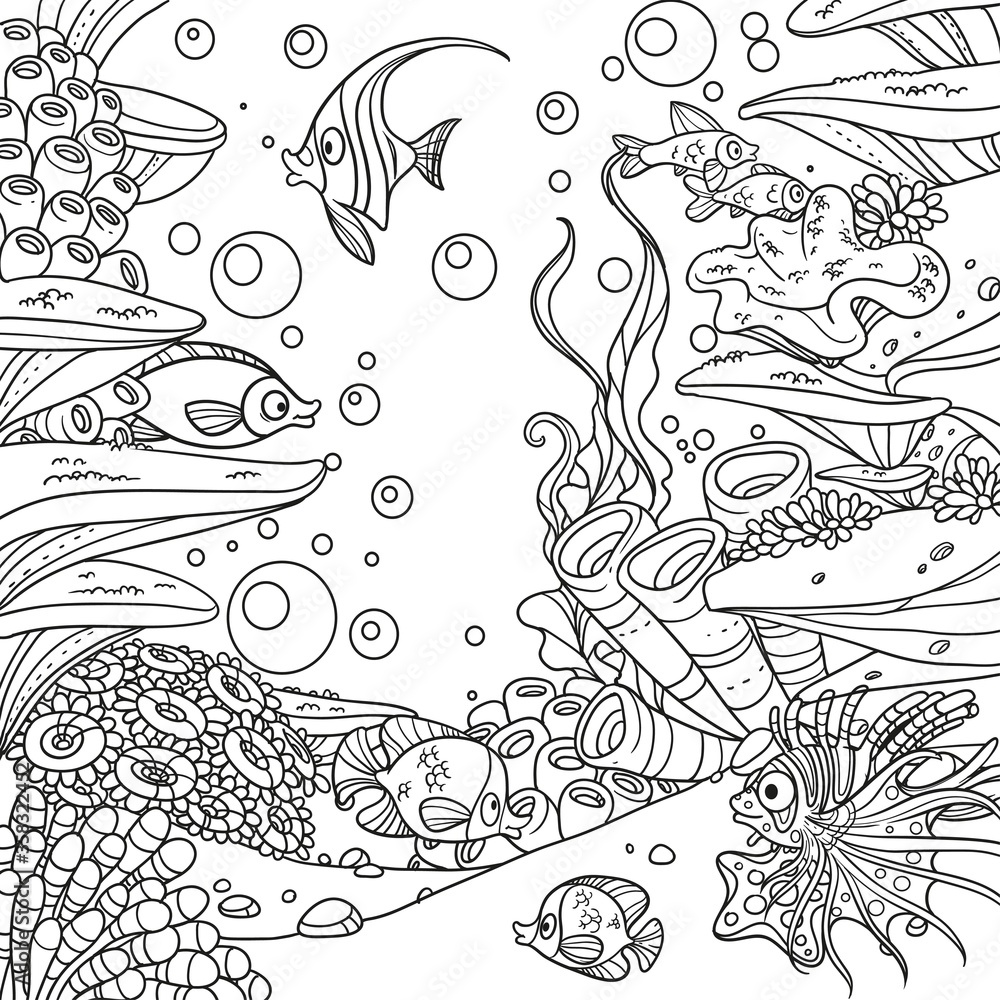 Underwater world with corals, seaweed, anemones and fishes outlined isolated on white background Underwater world with corals, seaweed, anemones and fishes outlined isolated on white background