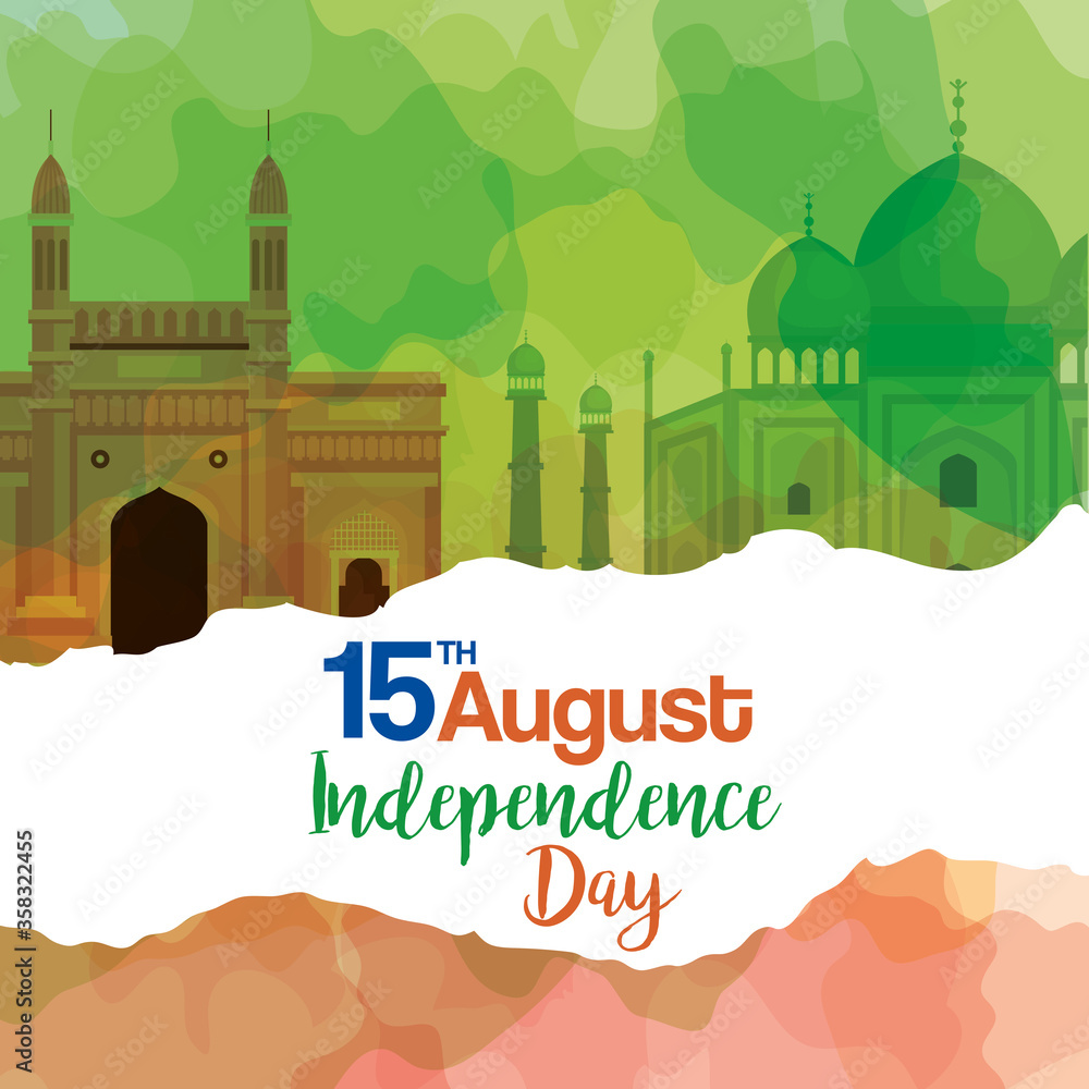 Naklejka premium famous monuments of india in background 15th august for happy independence day vector illustration design