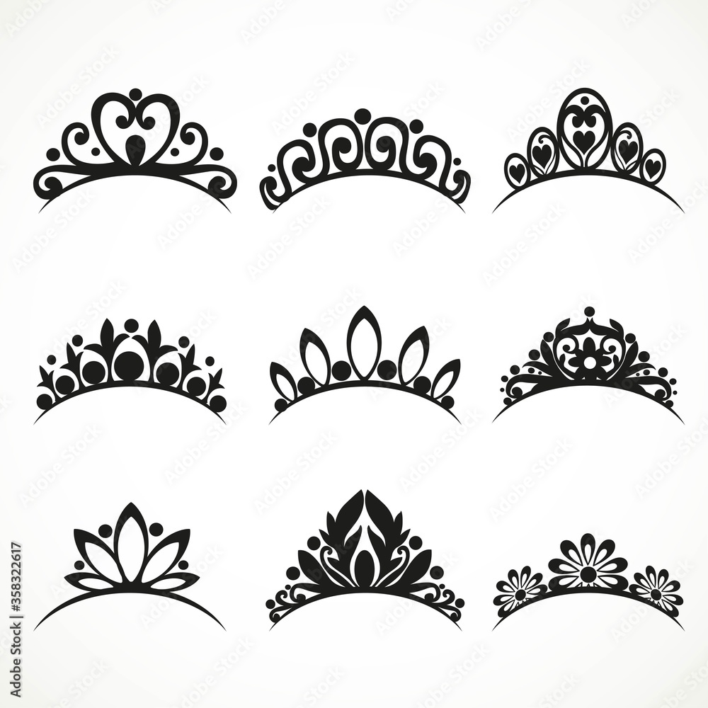 Silhouettes of tiaras of various shapes with flowers and hearts on a white background Silhouettes of tiaras of various shapes with flowers and hearts on a white background