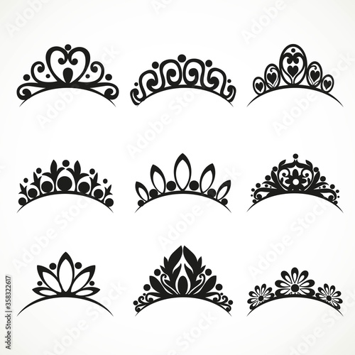 Silhouettes of tiaras of various shapes with flowers and hearts on a white background