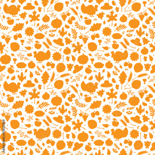 Thanksgiving Day Symbols Vector Background. Autumn Harvest icons Seamless Pattern. Silhouettes of Turkey Bird, Berries, Fruit, Vegetables, Leaves, Ears Of Wheat, Thanksgiving Hat and Pumpkin pie
