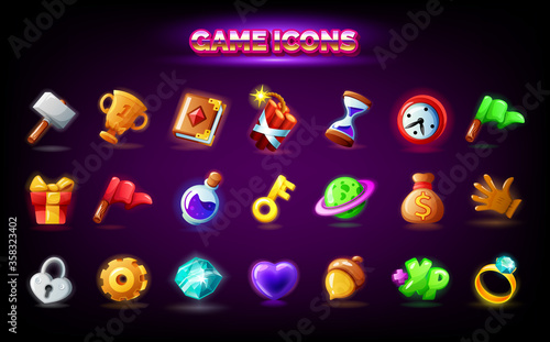 Mobile game icons set isolated on dark background. GUI elements for mobile app, vector illustration pack in cartoon style