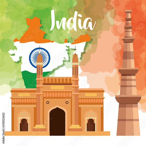 famous monuments of india in background for happy independence day, map india with ashoka wheel vector illustration design