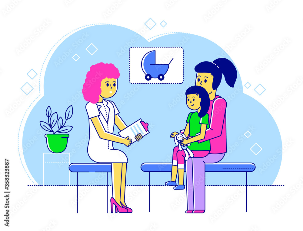 Line doctor pediatrician vector illustration. Cartoon flat happy mother and kid boy characters visiting specialist for medical examination checkup in hospital. Children healthcare isolated on white