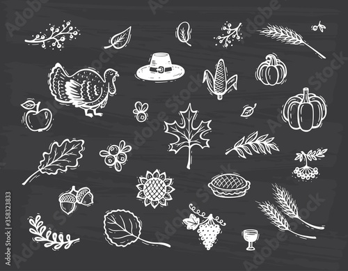 Thanksgiving icon Vector set. Autumn Harvest symbols. Fall collection. Hand Drawn Doodle Turkey Bird, Berries, Fruit, Vegetables, Leaves, Ears Of Wheat, Thanksgiving Hat and Pumpkin pie
