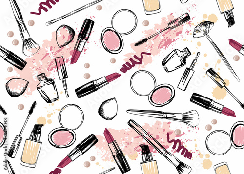Cosmetics and fashion seamless pattern with mascara, lipstick, compact powder...