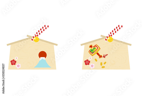 絵馬：願い事を書くスペースのあいた富士山と打ち出の小槌の絵馬のベクターイラスト