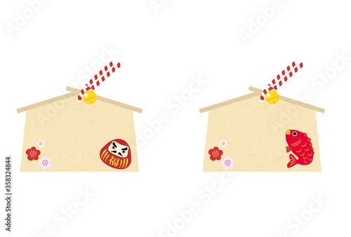 絵馬：願い事を書くスペースのあいた達磨と鯛の絵馬のベクターイラスト