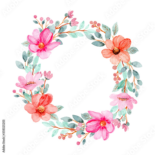 watercolor wreath of pink flowers