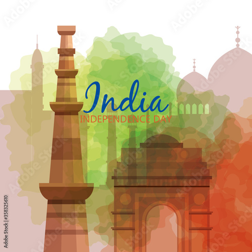 famous monuments of india in background for happy independence day vector illustration design