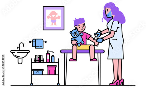 Line doctor pediatrician vector illustration. Cartoon flat happy mother and kid boy characters visiting specialist for medical examination checkup in hospital. Children healthcare isolated on white