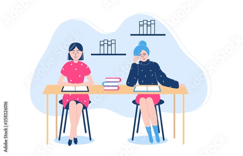 People reading poses vector illustration. Cartoon flat woman student character sitting by window, studying and preparing for examination. Literature lover, fan books, home schooling isolated on white