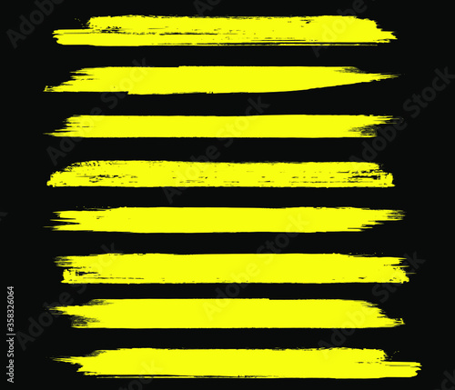 Yellow paint brushes and ink design elements, grunge dirty stroke creative shapes. Acrylic textured art.   Distressed banner. Marker pen highlight underline strokes. 