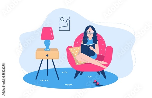 People reading poses vector illustration. Cartoon flat woman student character sitting by window, studying and preparing for examination. Literature lover, fan books, home schooling isolated on white