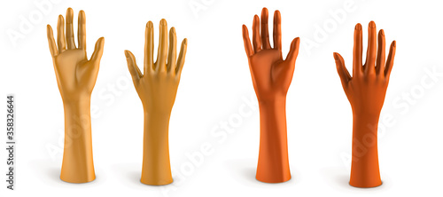Set of plastic elegant mannequins. Female hands in gold and bronze color. Jewelry holder. Vector 3d realistic illustration isolated on white background.