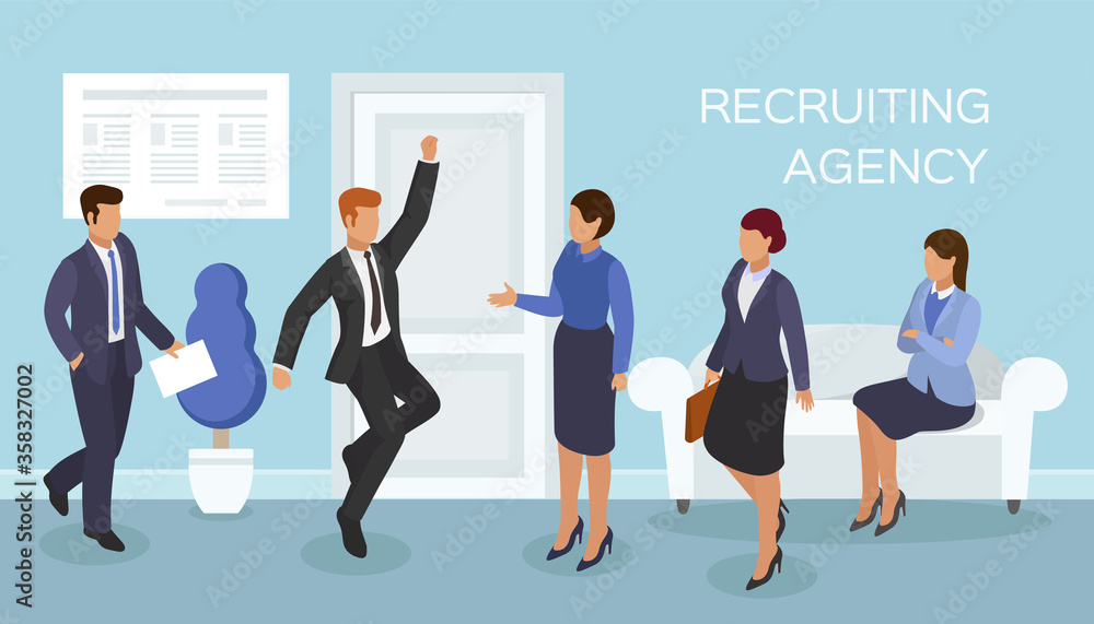 Interview at office, recruiting agency job vacancy, vector illustration. Business work hiring at corridor, flat employment. Candidate character for career, man woman people in hallway. Interview at office, recruiting agency job vacancy, vector illustration. Business work hiring at corridor, flat employment. Candidate character for career, man woman people in hallway.