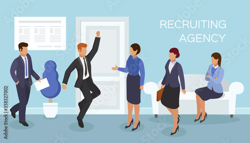 Interview at office, recruiting agency job vacancy, vector illustration. Business work hiring at corridor, flat employment. Candidate character for career, man woman people in hallway.