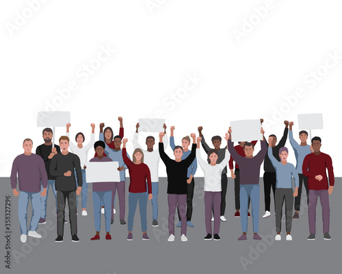 Protesting people with fists raised. Public protest illustration