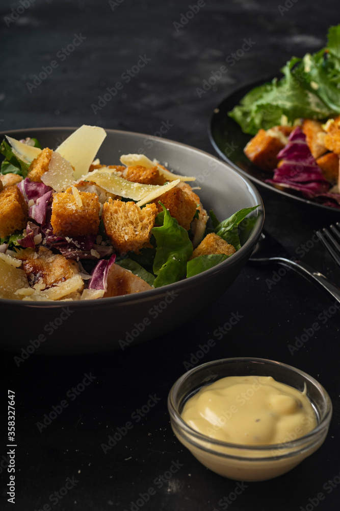 selective focus, Italian Caesar salad with chicken