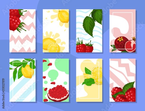 Summer fruit set background card poster, vector illustration. Nature fiid design, banner fresh collection brochure. Raspberries, lemon, pomegranate organic healthy product concept. photo