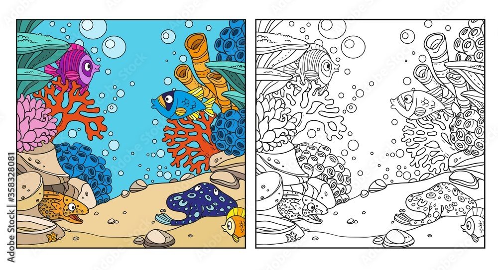 Underwater world with corals, anemones, moray eels and ramp coloring ...