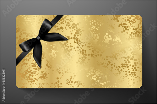 Gift card with back bow (ribbon) on gold background. Golden blank template useful for any design, shopping card (loyalty card), voucher or gift coupon