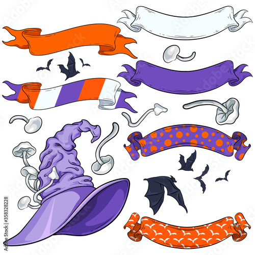 Witch hat with ribbons, mushrooms and bats vector illustration set. For your Halloween, costume party and other fairytale designs, prints, posters, covers, package, stickers, cards, invitations.