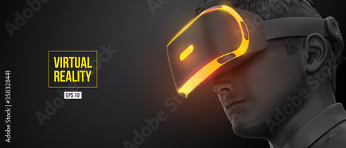 VR headset, technology. 3d of the man, wearing virtual reality glasses on black background. VR games. Vector. You will also find a original jpeg for this image in my portfolio. Thanks for watching