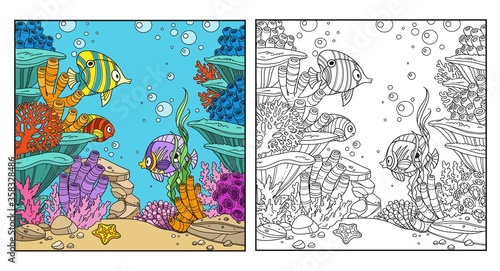 Underwater world with corals, fish and anemones coloring page isolated on white background