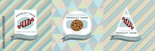 Three colored labels with illustration of candies, cookie